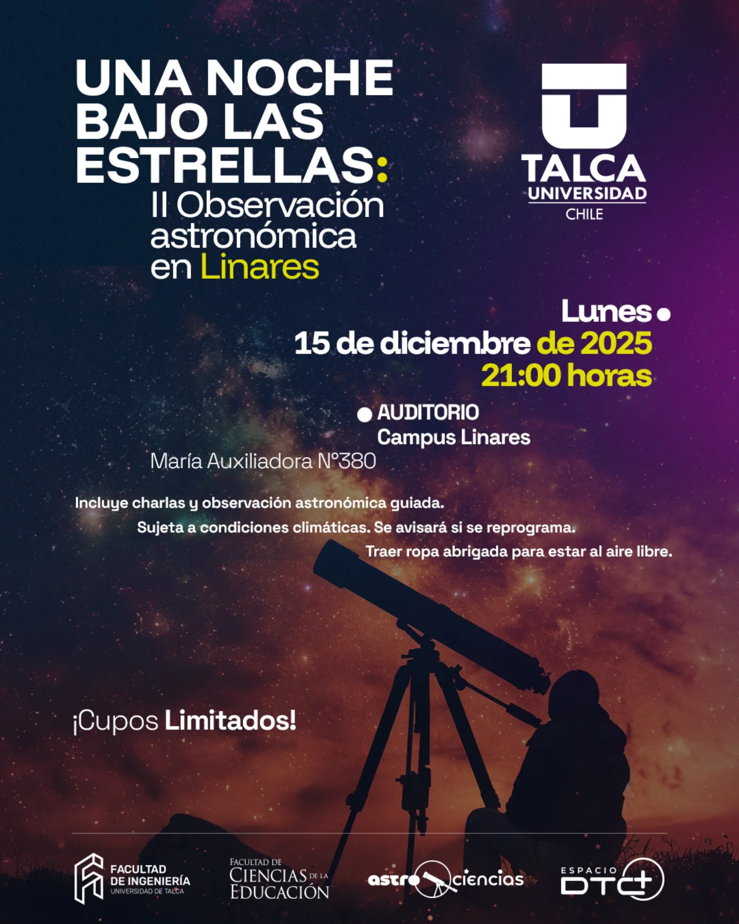 Facultades de Ciencias de la Educación e Ingeniería UTalca invitan a la II Noche de Observación Astronómica este 15 de diciembre