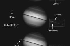 Hubble Views Saturn Ring-Plane Crossing (Satellites Labeled)